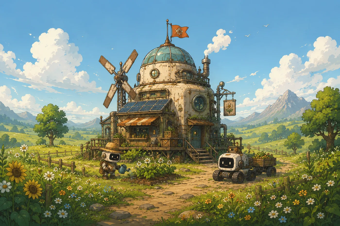 Solarpunk reactor workshop in a meadow with gardening robots