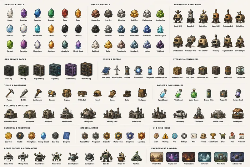 Game icon theme sheet with gems, rigs, and biomes